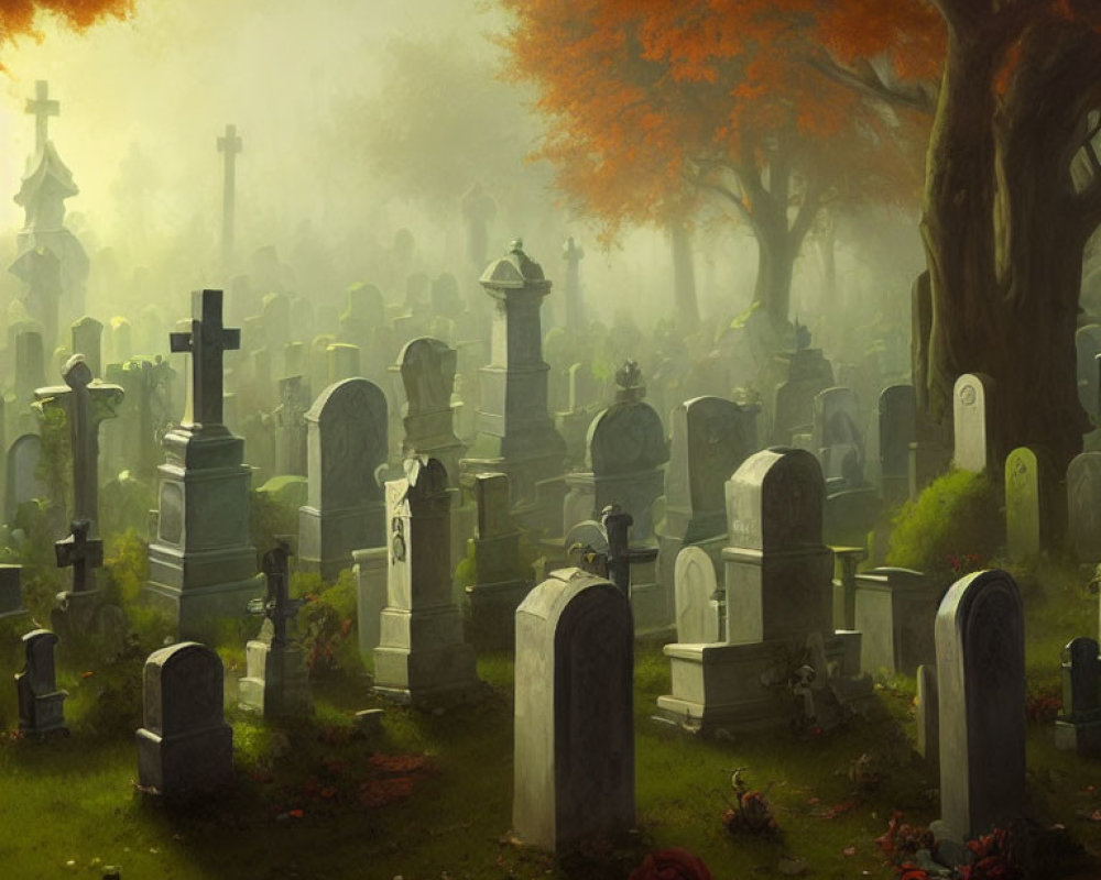 Foggy cemetery with tombstones and statues in autumnal setting