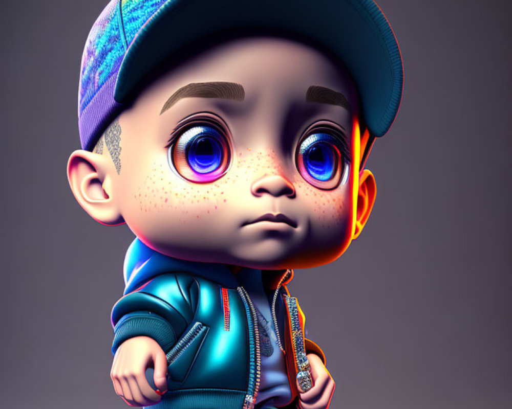 Colorful 3D Illustration of Thoughtful Boy in Cap and Hoodie