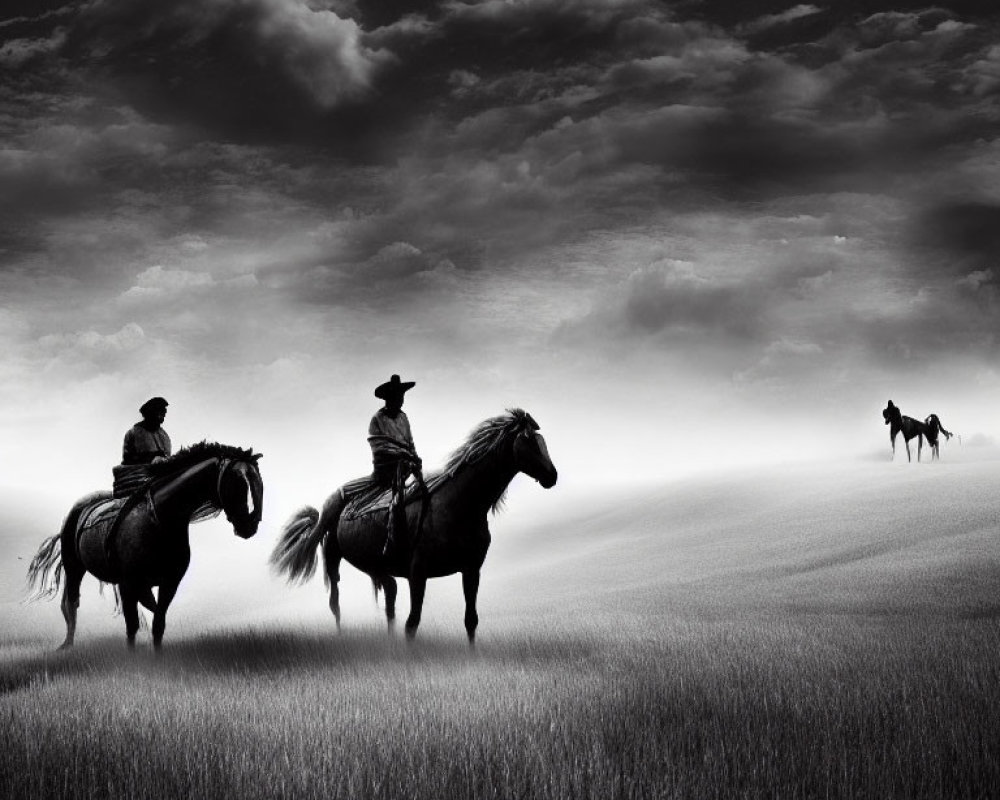 Two cowboys on horseback in dramatic field scene.