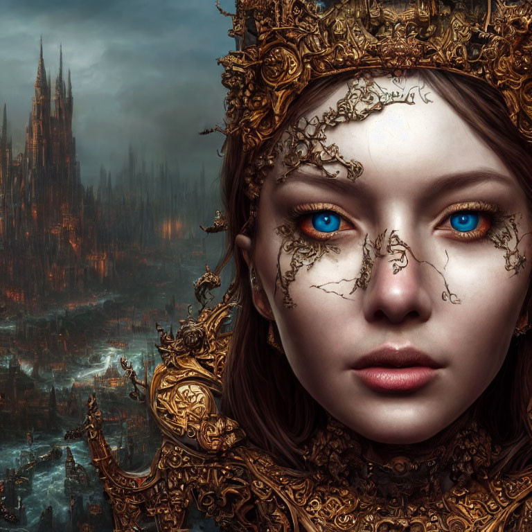 Woman with piercing blue eyes and golden headwear against gothic cityscape