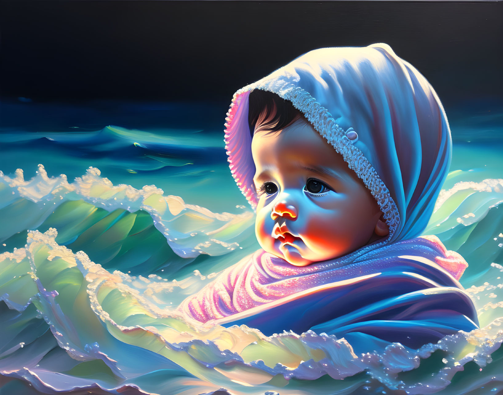 Baby wrapped in blanket merges with ocean waves under night sky