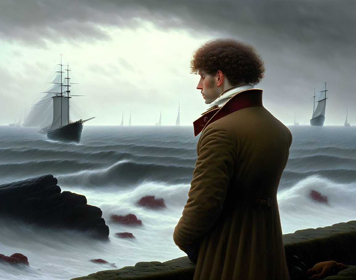 Historical man in somber attire looking at stormy seas with ships and dark clouds