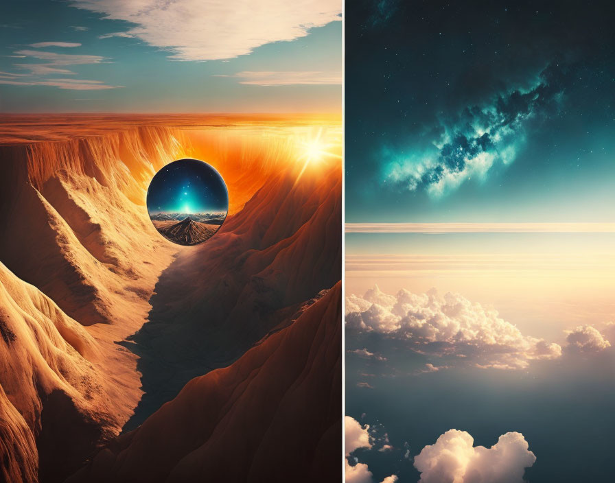 Surreal split image: desert portal to starry sky vs. peaceful sunset above clouds