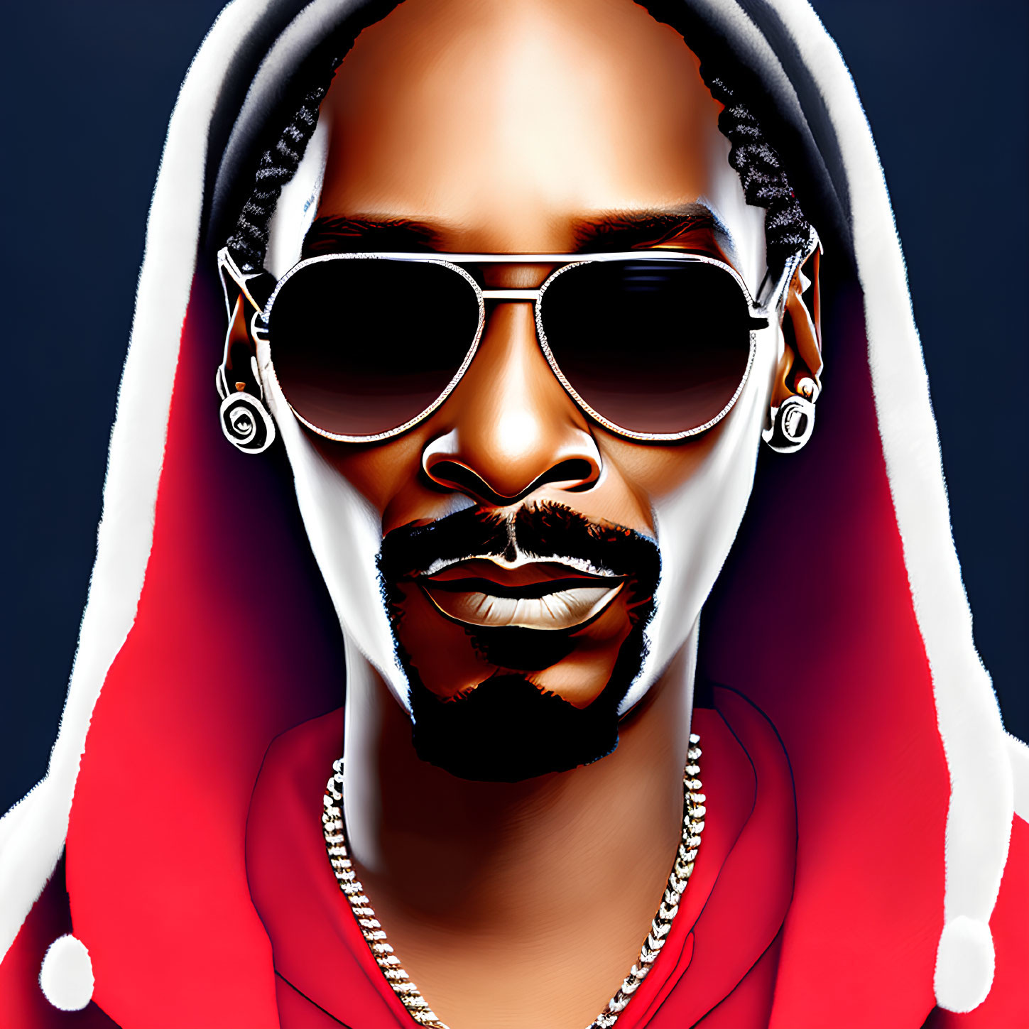 Portrait of a man with braided hair, sunglasses, earrings, and chains against blue background with red