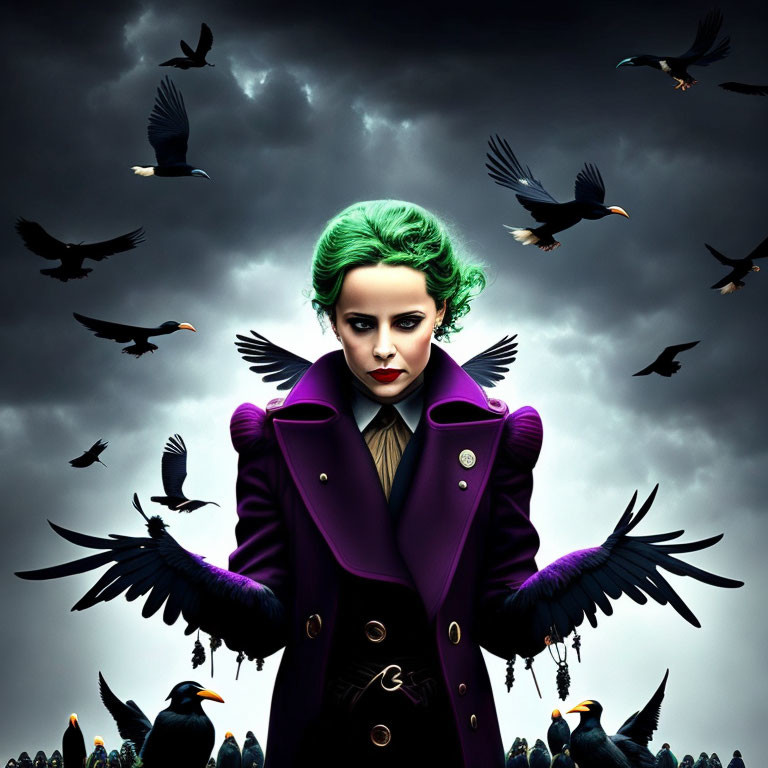 Green-haired person in purple coat under cloudy sky with black birds.