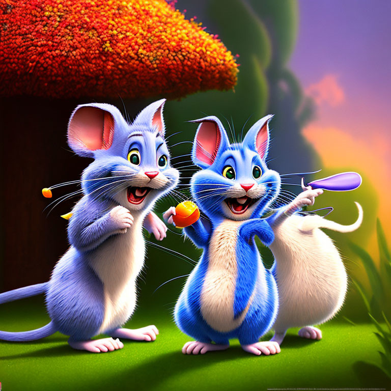 Blue animated mice with needle and acorn in nature scene with flower.