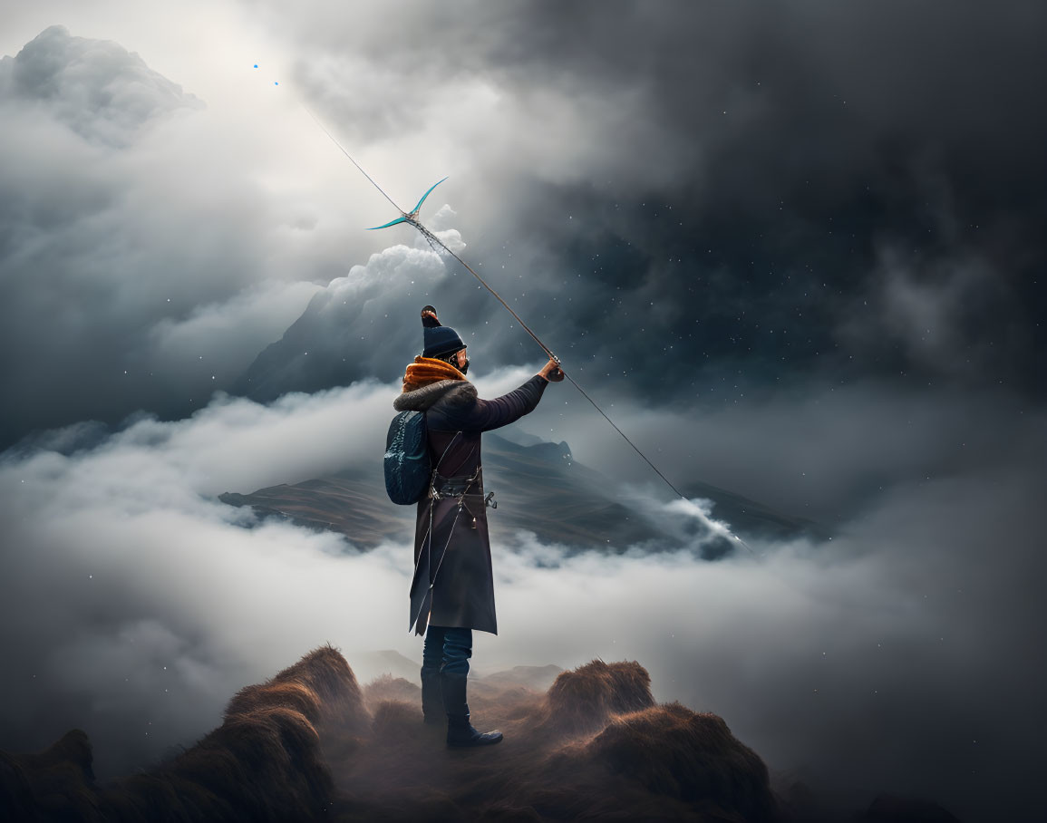 Person in winter attire reaching for bird in surreal mountain landscape