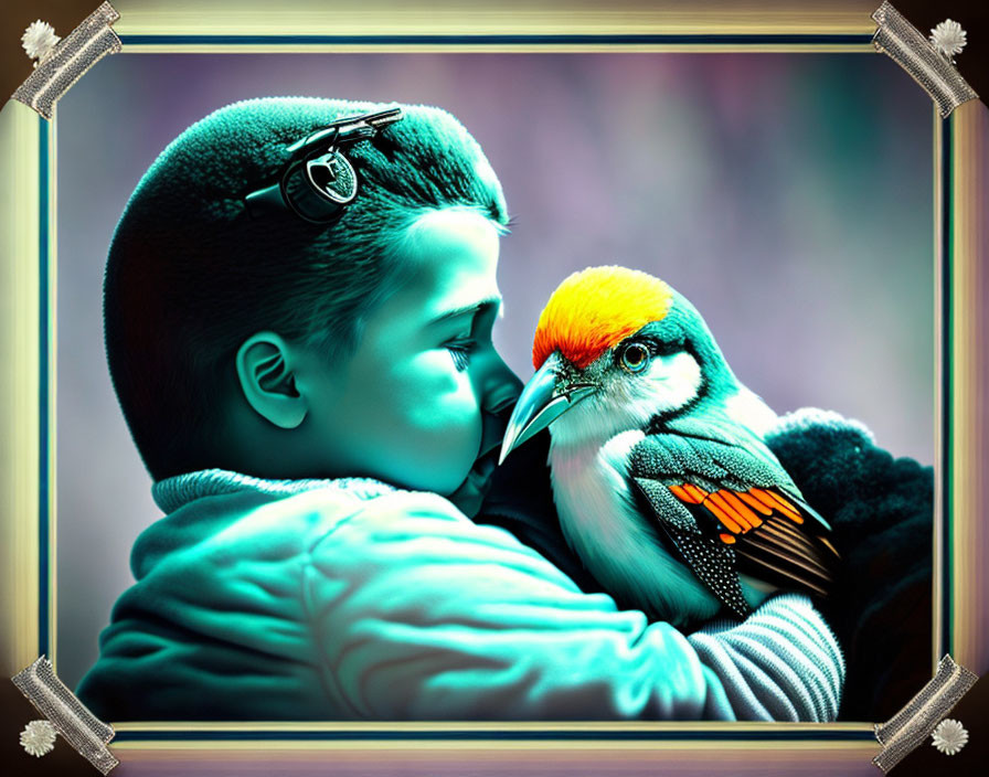 Young boy touching noses with colorful bird in ornate frame symbolizes tender human-nature connection