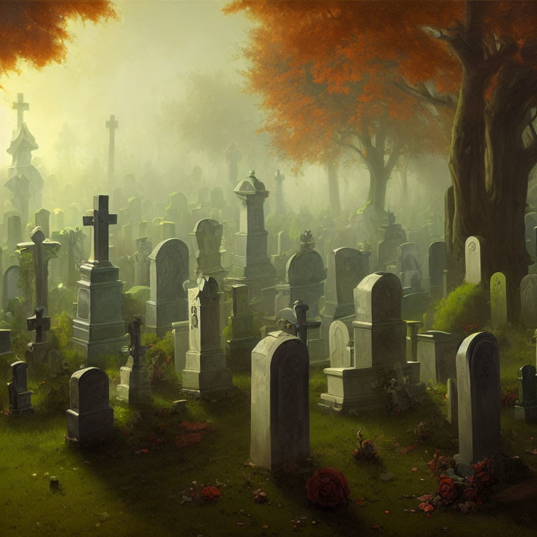 Foggy cemetery with tombstones and statues in autumnal setting