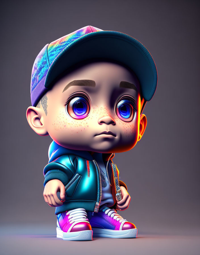 Colorful 3D Illustration of Thoughtful Boy in Cap and Hoodie