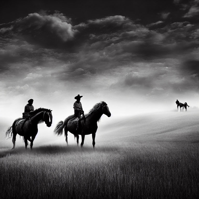 Two cowboys on horseback in dramatic field scene.