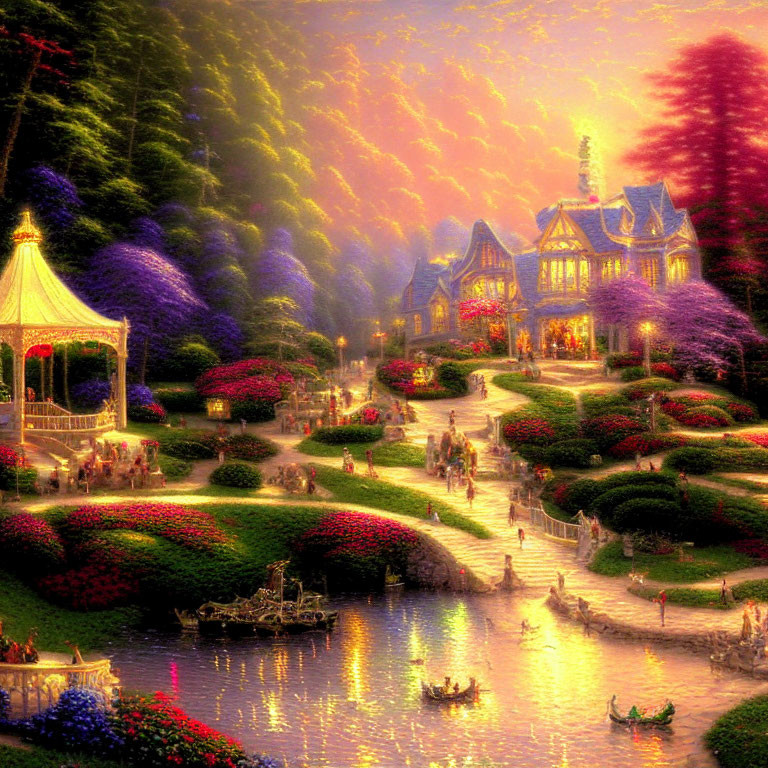 Enchanting garden with gazebo, pond, and illuminated mansion at dusk