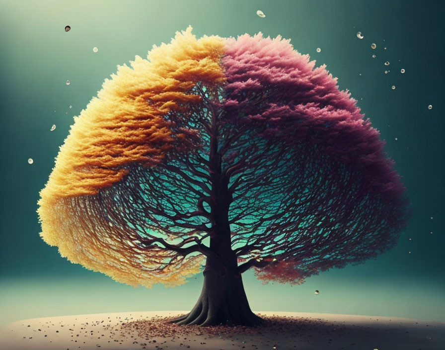 Vibrant multicolored canopy on whimsical tree against teal background