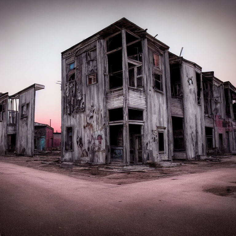 Abandoned two-story wooden building under pinkish sky