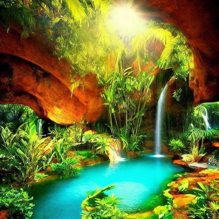 Tropical cave with lush greenery and waterfall pond