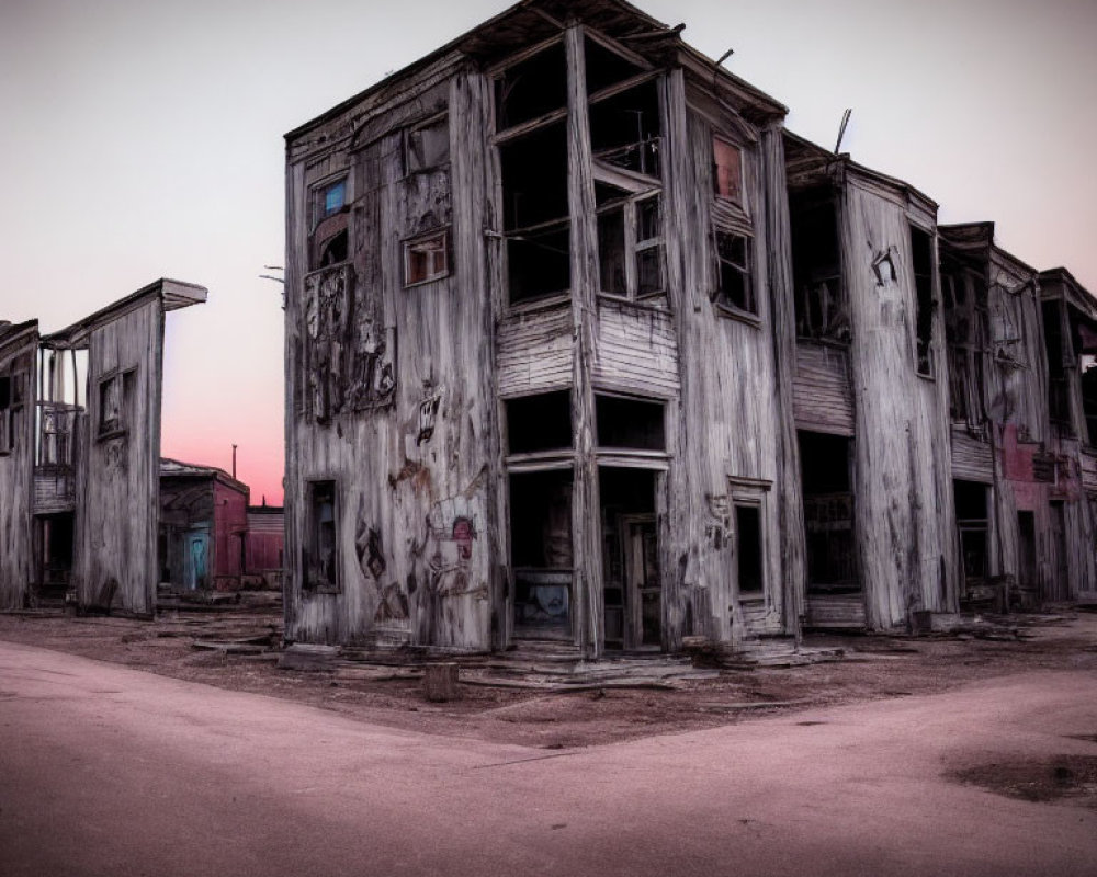 Abandoned two-story wooden building under pinkish sky