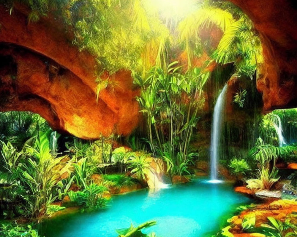 Tropical cave with lush greenery and waterfall pond