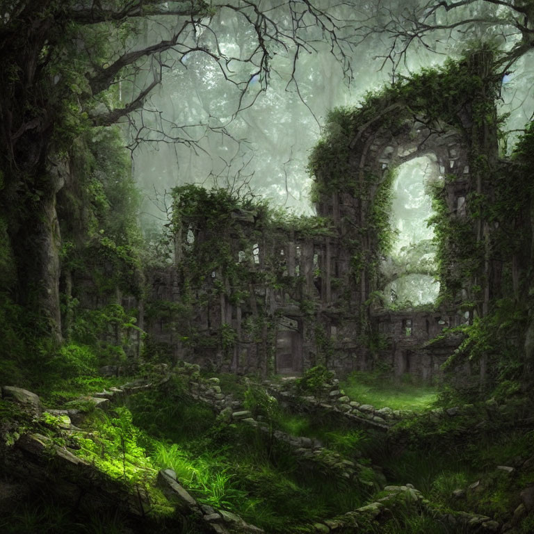 Moss-covered ancient stone ruins in misty forest with sunlight.