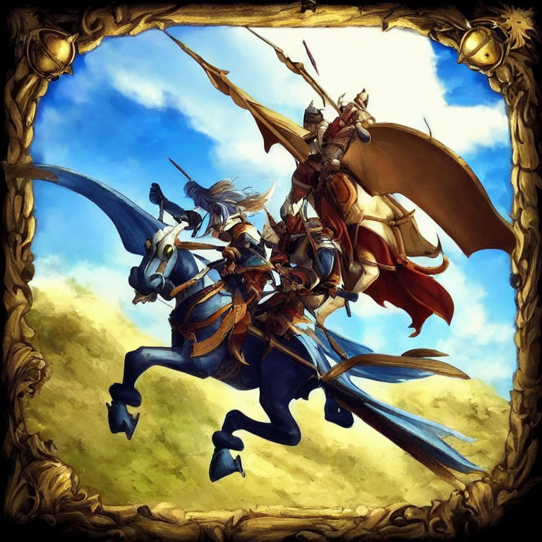 Knight in armor riding winged creature with lance in golden frame against cloudy sky