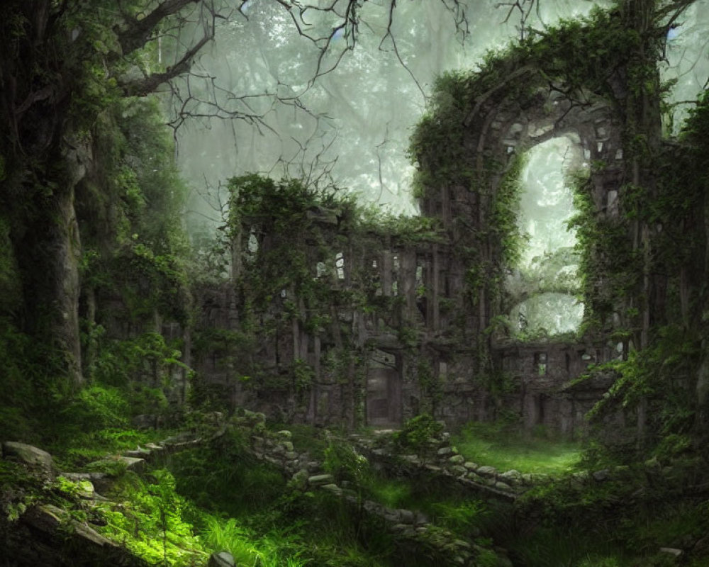 Moss-covered ancient stone ruins in misty forest with sunlight.