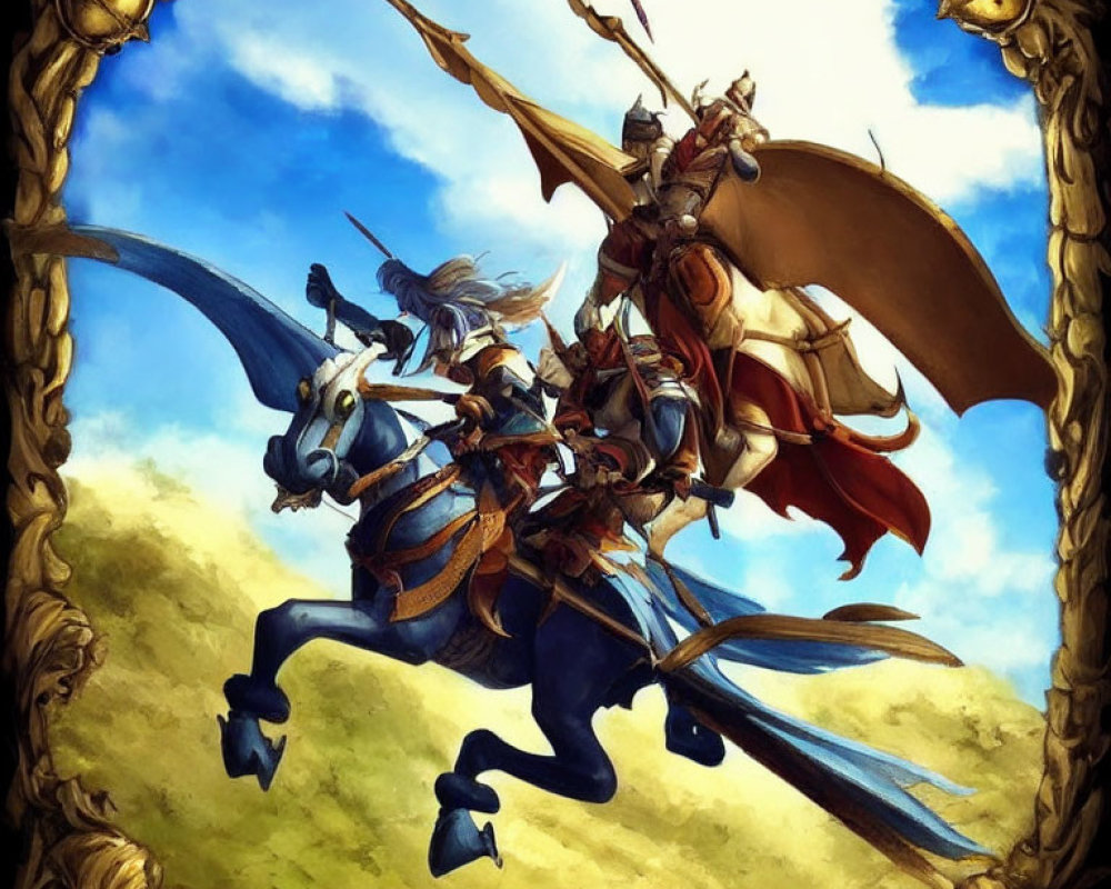 Knight in armor riding winged creature with lance in golden frame against cloudy sky