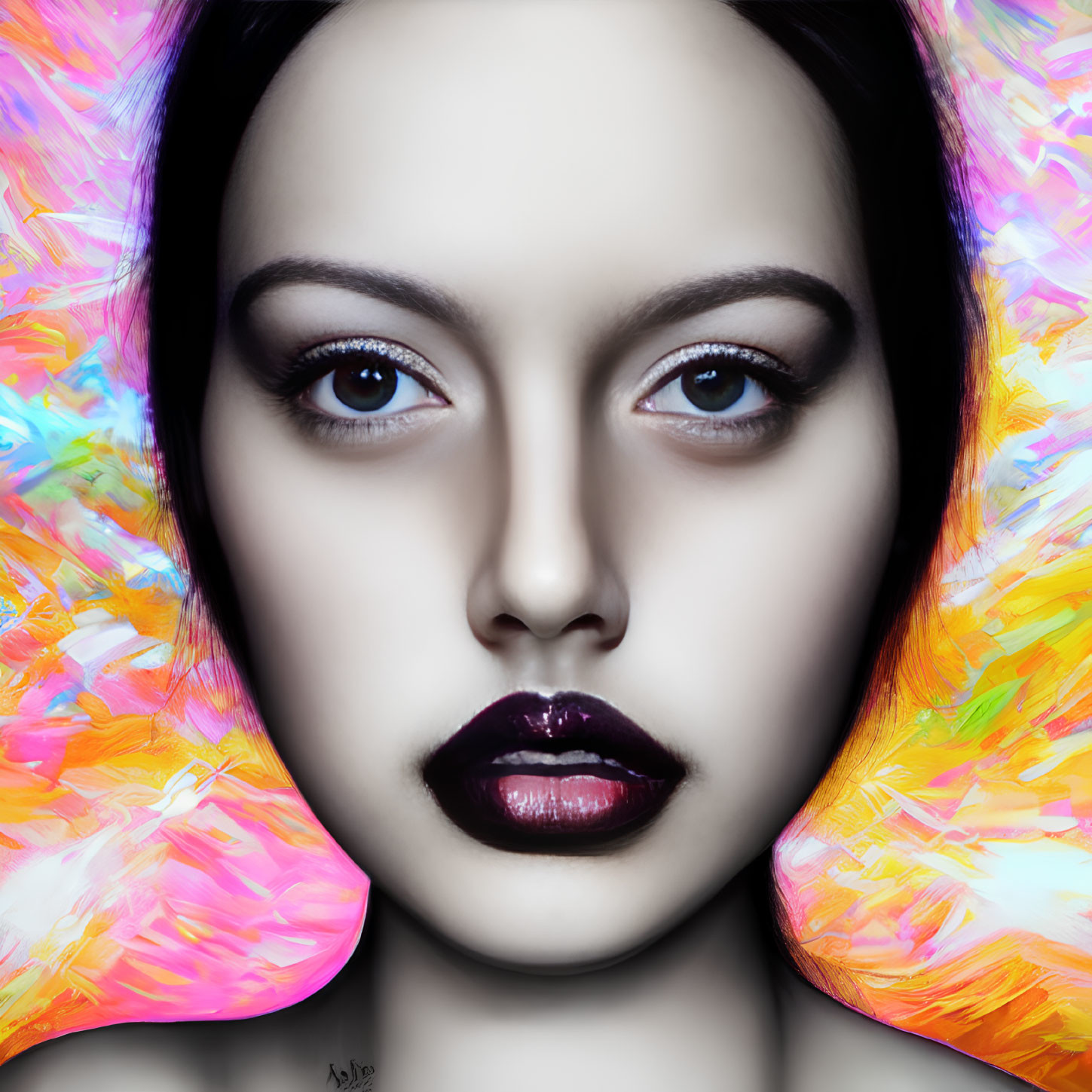 Vibrant digital portrait of a woman with dark lipstick and intense gaze