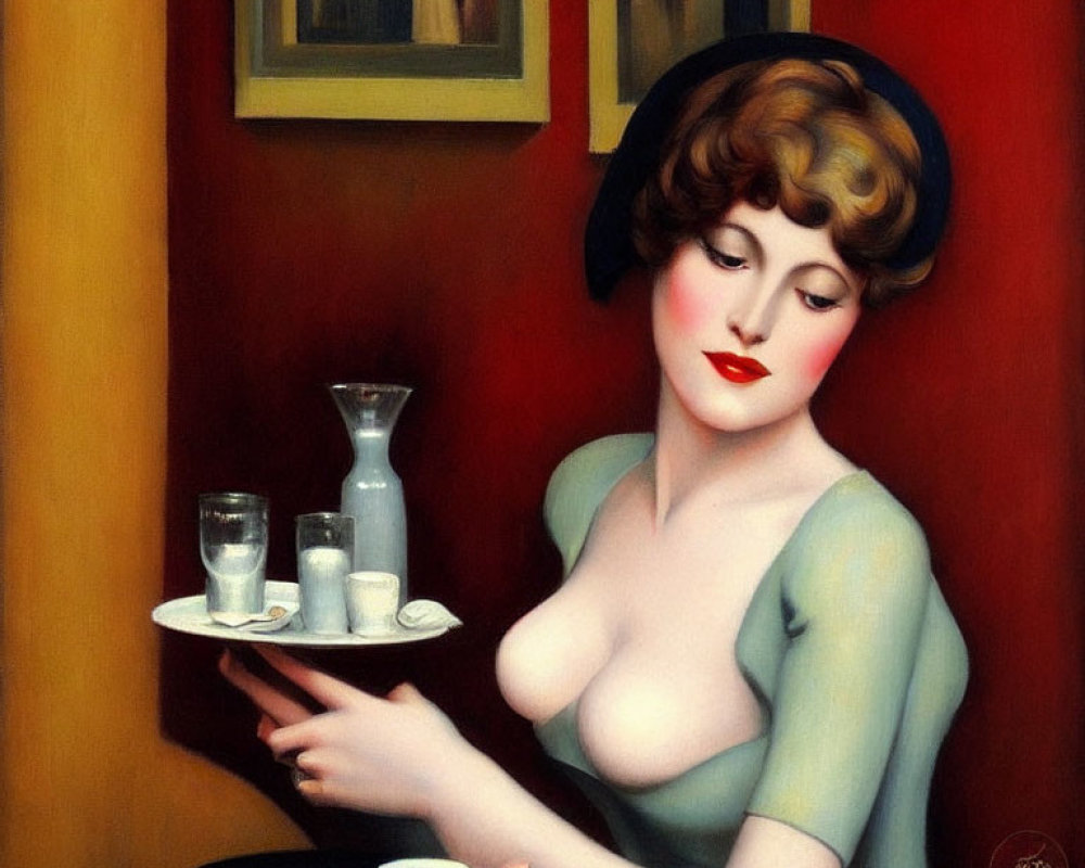 Stylized vintage painting of woman in blue hat serving coffee and glasses