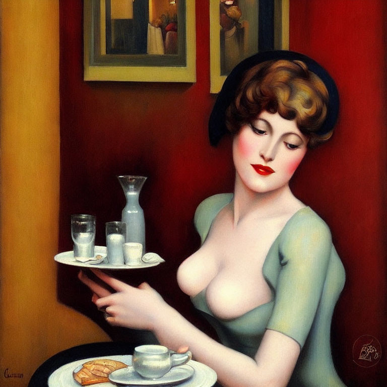 Stylized vintage painting of woman in blue hat serving coffee and glasses