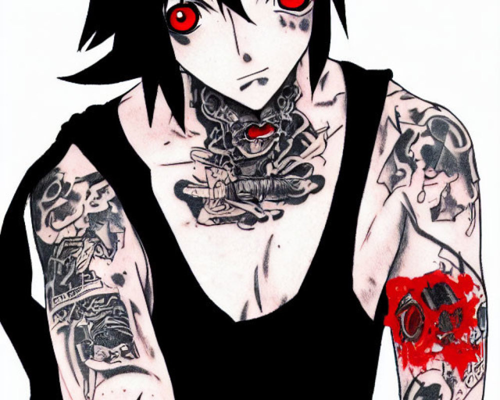 Anime-style character with spiky black hair, red eyes, and tattoos