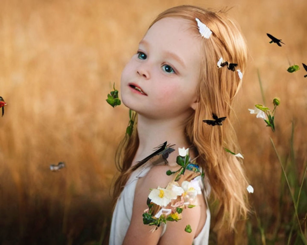 Young girl with light hair surrounded by butterflies in a golden grass field