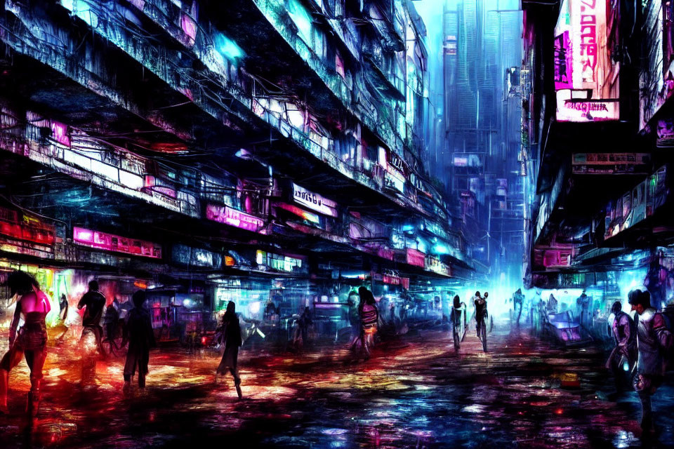 Nighttime Cyberpunk Streetscape with Neon Signs and Silhouettes