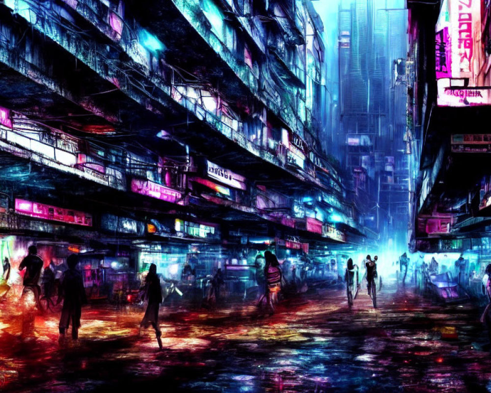 Nighttime Cyberpunk Streetscape with Neon Signs and Silhouettes