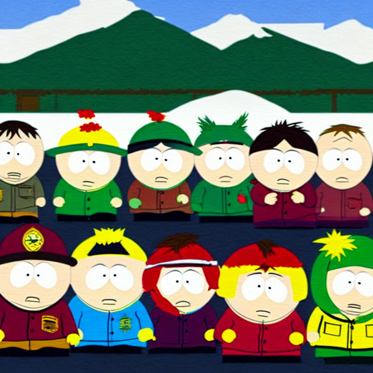 South Park characters in winter outfits with snowy mountains