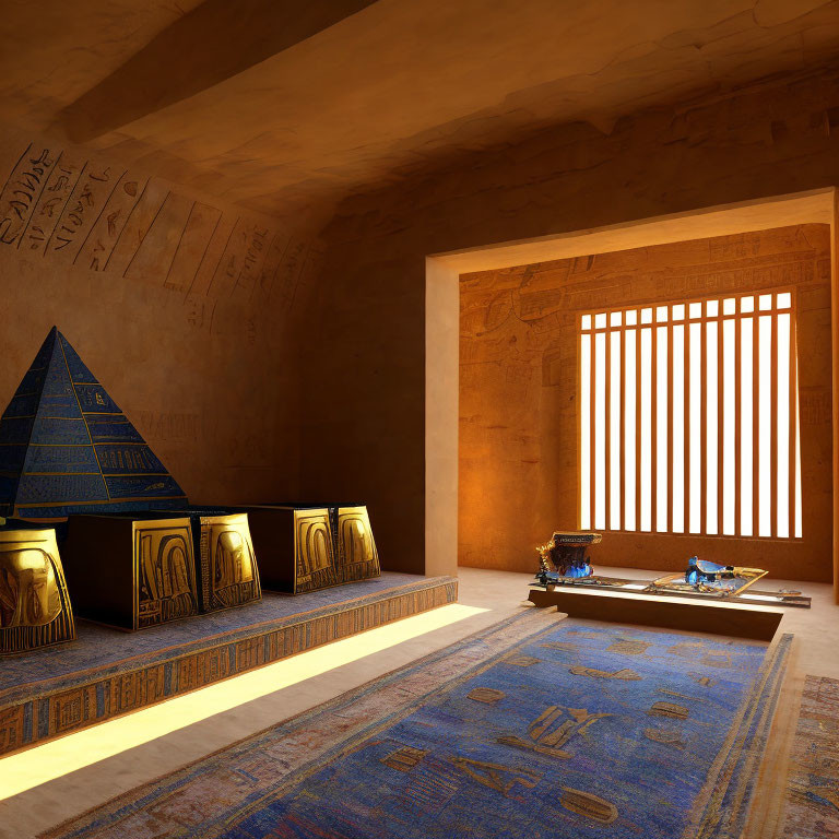 Digital artwork: Ancient Egyptian-themed room with hieroglyphs, artifacts, pyramid model, and sunlight