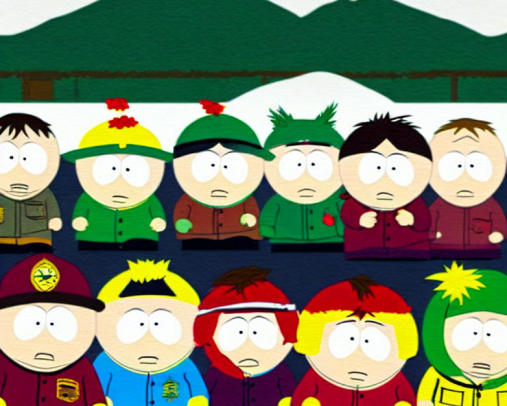 South Park characters in winter outfits with snowy mountains