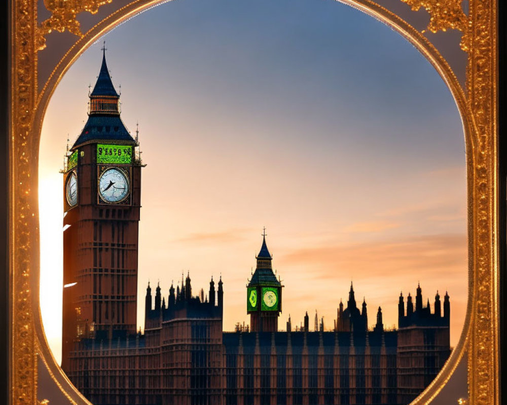 Iconic London landmark and sunset view of Elizabeth Tower and Houses of Parliament framed by golden arch.