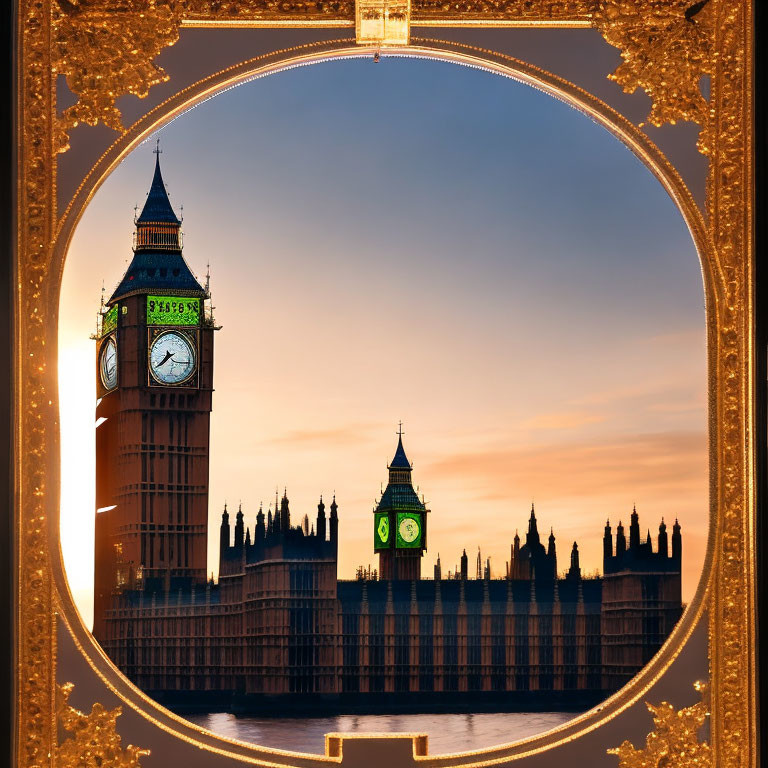 Iconic London landmark and sunset view of Elizabeth Tower and Houses of Parliament framed by golden arch.