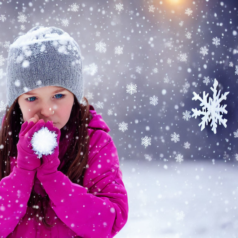 Girl in Pink Jacket Holding Snowball with Falling Snowflakes