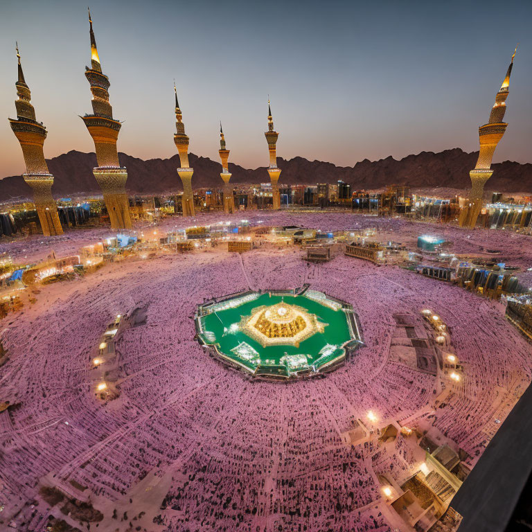 Aerial view of crowded pilgrims circling Kaaba at Masjid al-Haram.