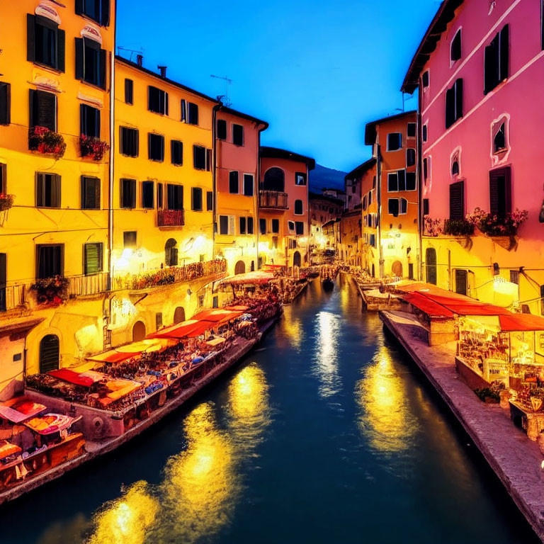 Charming Canal at Twilight in European Town