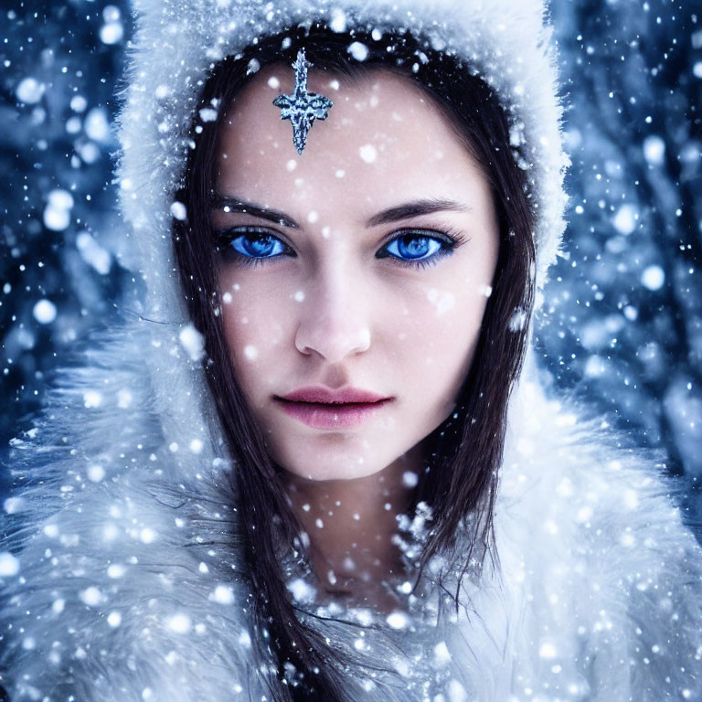 Woman in White Fur Cloak with Blue Eyes and Star Jewelry in Snowfall