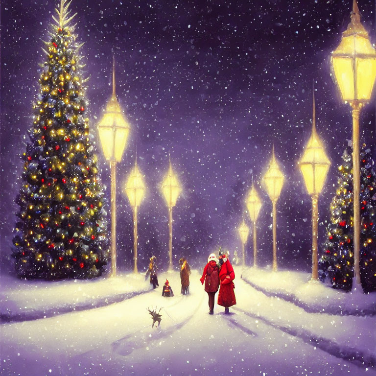 Winter Scene with People, Dog, and Christmas Tree in Snowfall