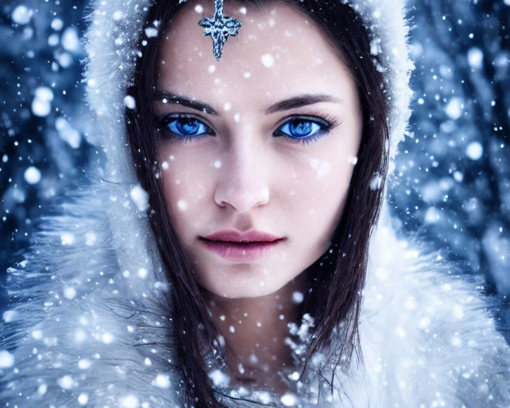 Woman in White Fur Cloak with Blue Eyes and Star Jewelry in Snowfall