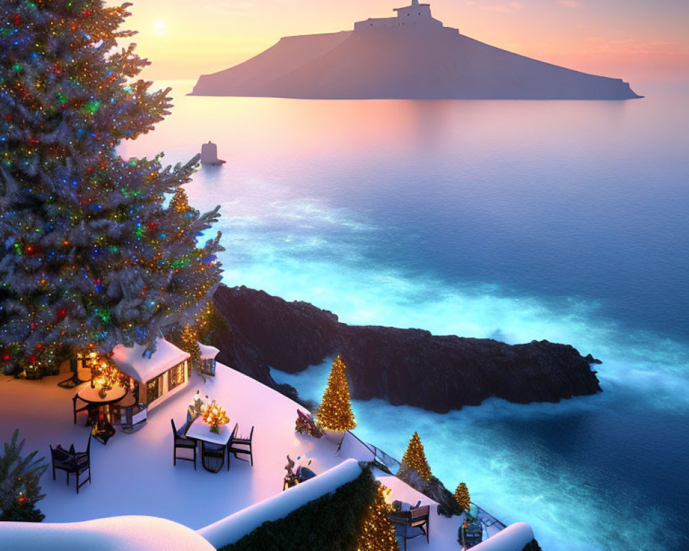 Festive Christmas scene by tranquil sea with snow-covered cliffs and lighthouse island at twilight