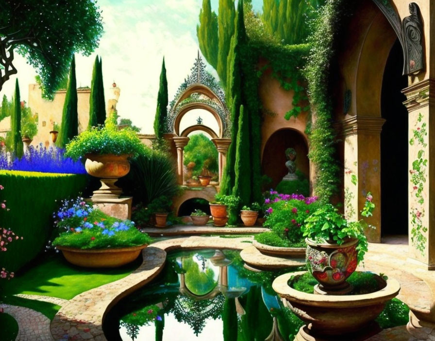 Tranquil garden with lush greenery, vibrant flowers, ornate pots, reflective pond, arch