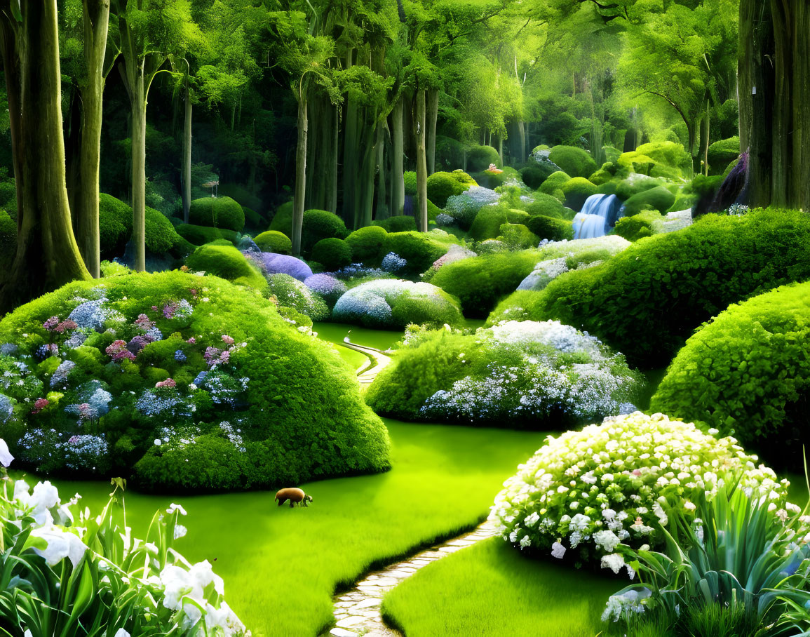 Manicured garden with colorful flowers, winding path, and waterfall under sunlight