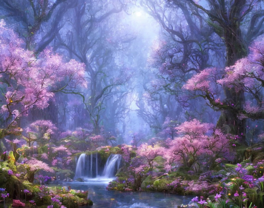 Mystical forest with pink blossoming trees, gentle waterfall, and sunlight rays