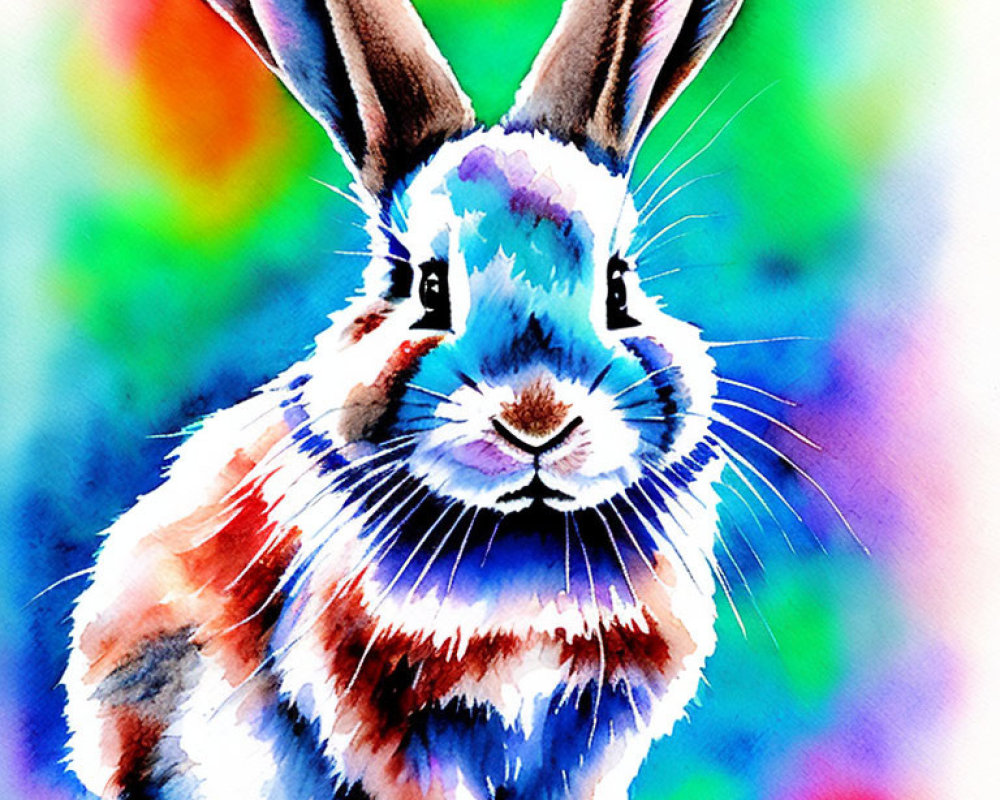 Colorful Watercolor Painting of Bunny with Blended Spectrum Background