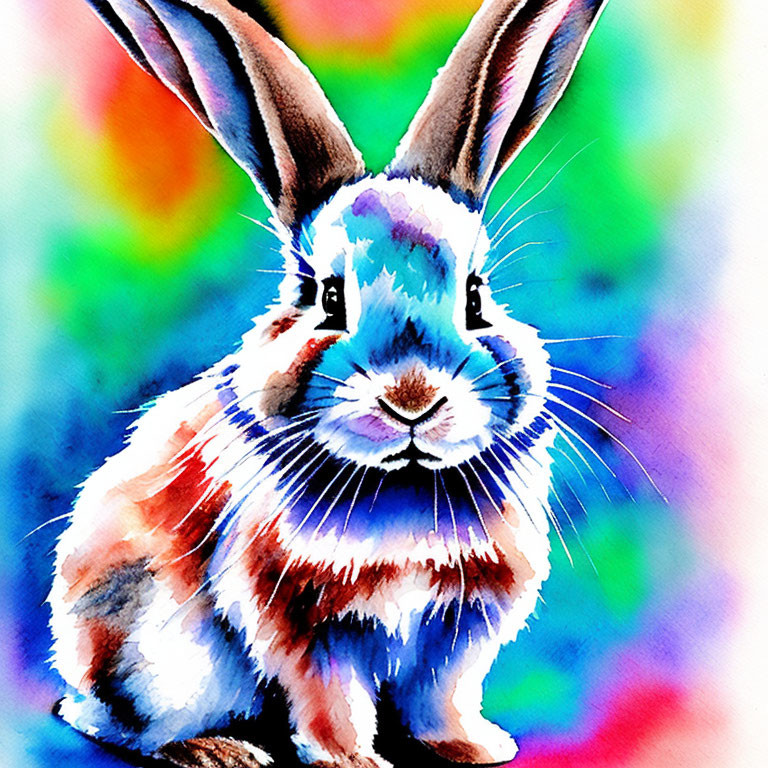 Colorful Watercolor Painting of Bunny with Blended Spectrum Background