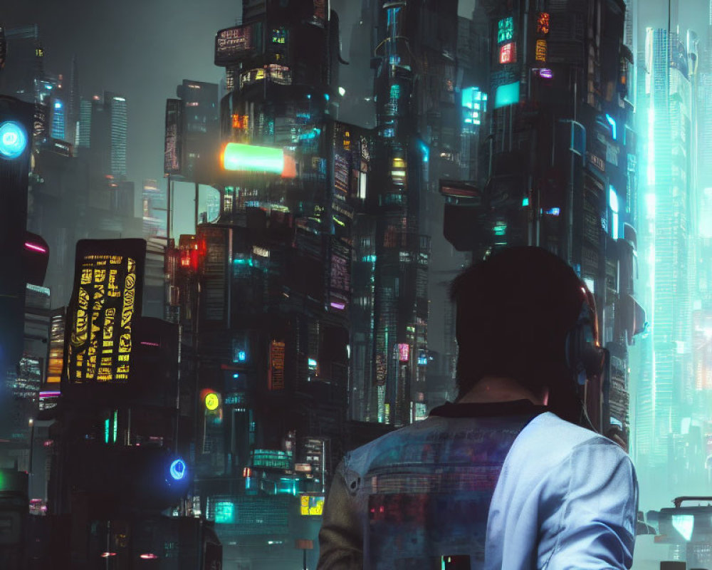 Profile view of person gazing at neon-lit futuristic cityscape